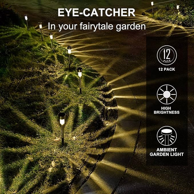 Solar Lights Outdoor Waterproof, , Solar Garden Lights Solar Powered, Stainless Steel LED Landscape Lighting Outdoor Solar Lights for Yard, Pathway, Walkway, Patio , Lawn - 12 Pack (Warm White)