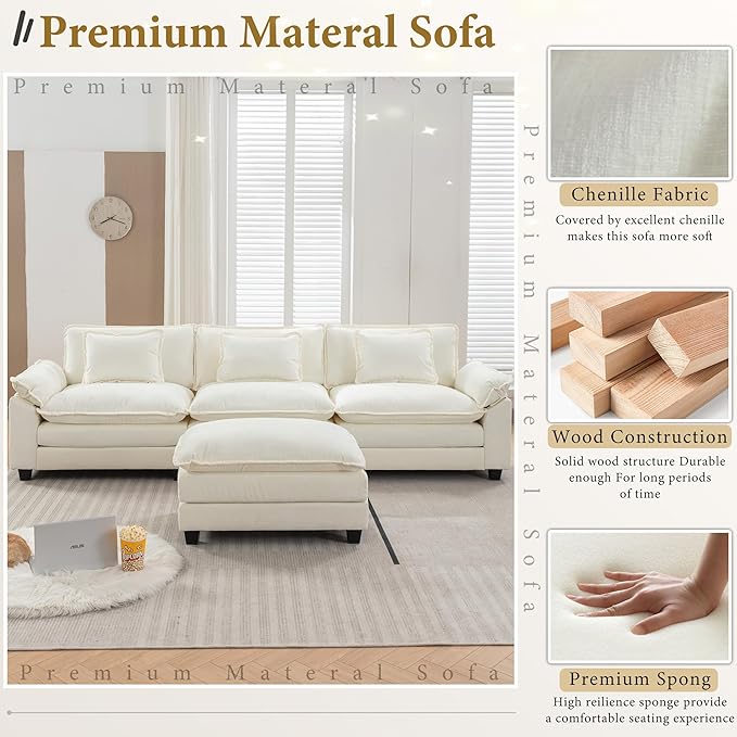 URRED Modular Sectional Sofa Comfy Cloud Couch, Modern Chenille Sofa Sleeper Deep Seat Couches with Ottoman/Pillows for Living Room (White, 117''- L Shape)