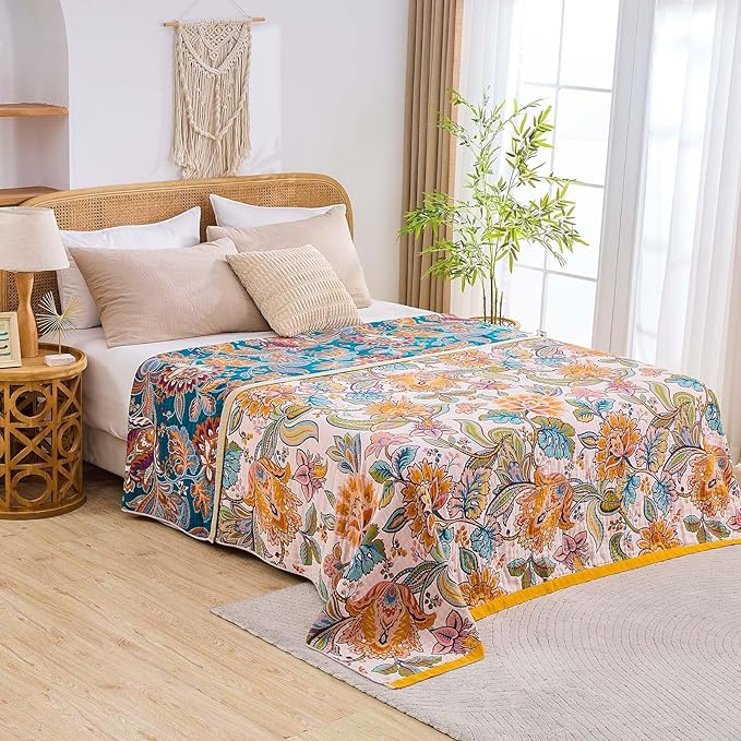 Boho Throw Blanket for Bed, 100% Cotton Soft Rustic Quilt Fall Blanket, 50"x60" Floral Printed Farmhouse Decor Bed Blankets, All Season Rustic Reversible Bohemian Throw Quilt