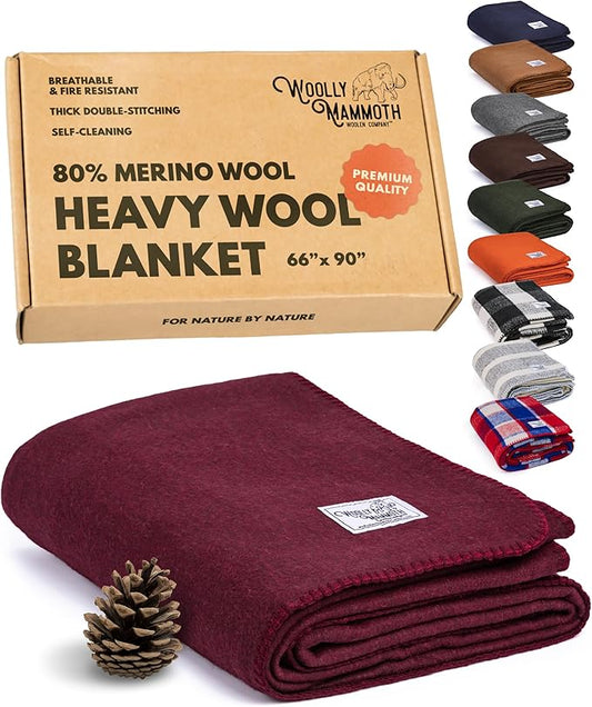 Woolly Mammoth Woolen Company Outdoor Merino Wool Throw Blanket - 66" x 90" Large Burgundy - Camping Essentials Bedroll & Emergency Survival Gear - Heavyweight Thermal & Breathable