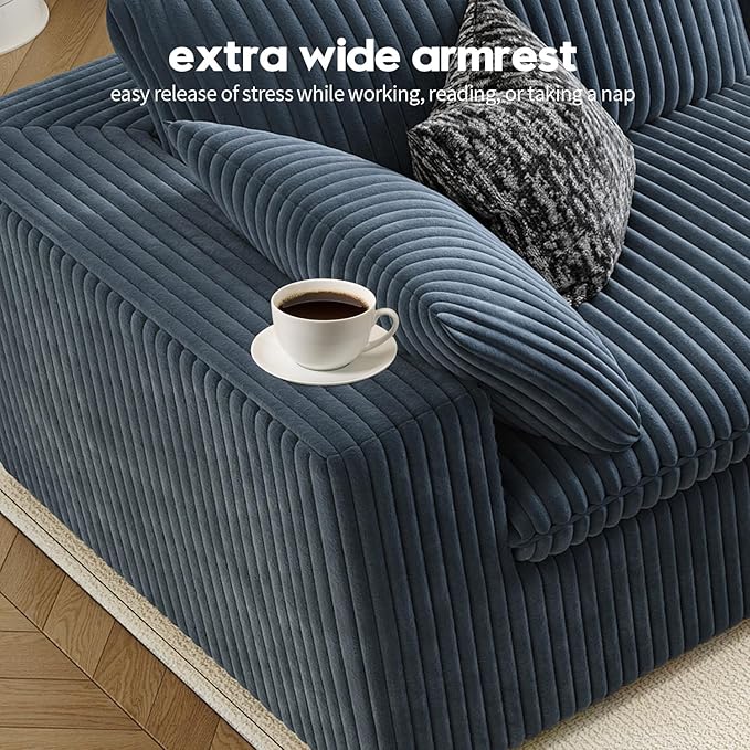 118" Cloud Couch Modular Sectional Sofa for Living Room,Modern Sofa with Deep Seat,U-Shape Boneless Couch with 2 Ottoman,Comfy Upholstered Corduroy Couches for Apartment, Studio, Office,Bedroom,Blue