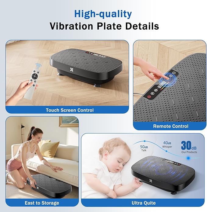 Vibration Plate Exercise Machine, Ultra-Quiet Vibration Plate for Lymphatic Drainage & Body Toning, Whole Body Vibration Platform with Bluetooth, Resistance Bands, Home Gyms Equipment