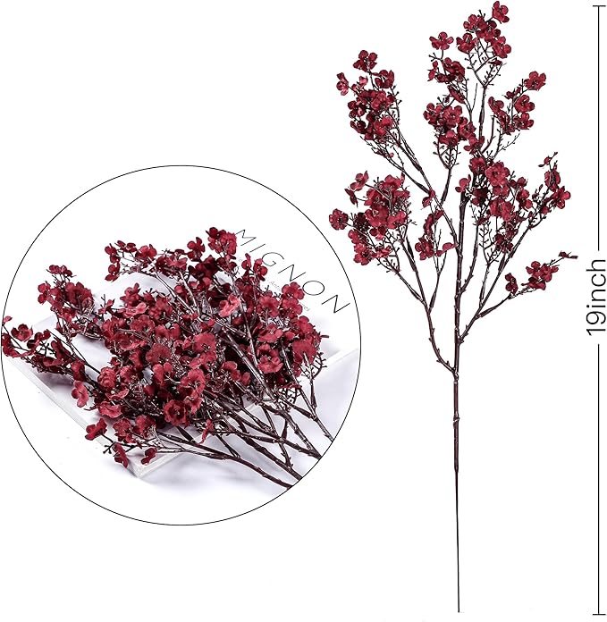 Sggvecsy 15 Pcs Babys Breath Artificial Flowers Gypsophila Bouquets Bulk Real Touch Fake Silk Flowers for Home DIY Floral Arrangement Table Centerpiece Fall Thanksgiving Autumn Decoration (Burgundy)