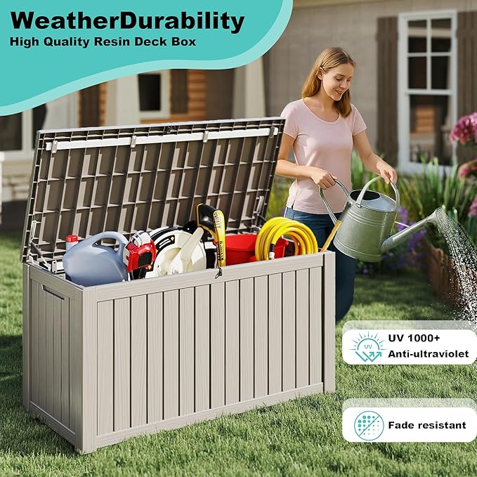 150Gal Outdoor Deck Box Waterproof, Lager Patio Storage Box Indoor and Outdoor Use, Lockable Resin Storage Bin for Patio Furniture Cushions Garden Tools, Package Delivery,UV Resistant-Grey