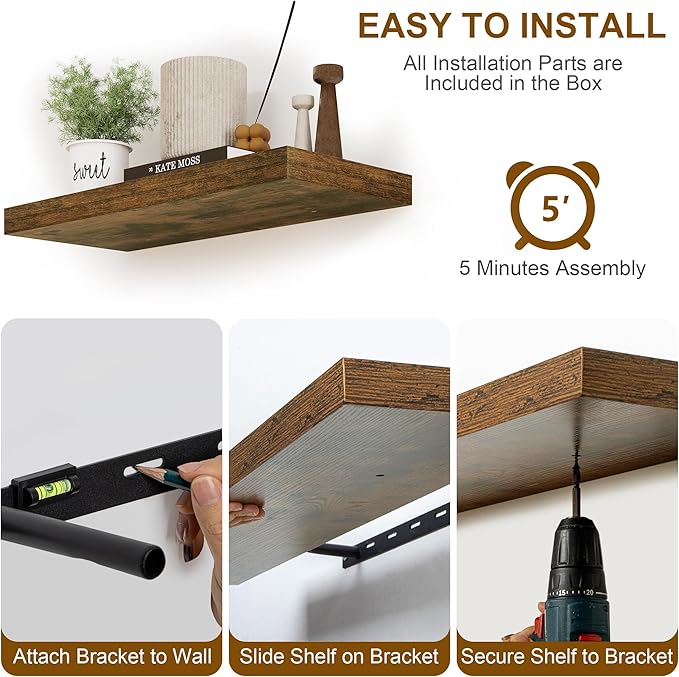 Floating Shelves 36 Inch Long, Deep Floating Shelf for Wall, 36 x 8 Floating Shelves Set of 2, 8 Inch Deep Wall Shelves for Living Room, Kitchen, Bedroom, Large Storage Shelves, Rustic Brown