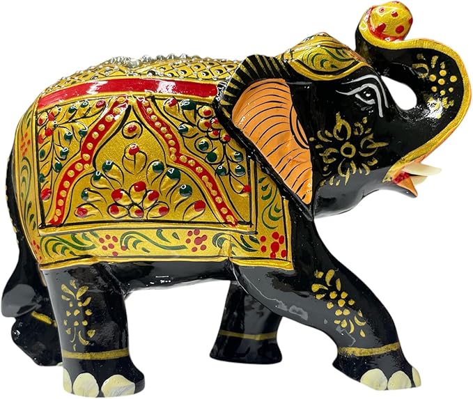 Handcrafted Wooden Elephant Figurine ā Traditional Artwork, Gold & Gemstone Embellishments ā Lucky Decorative Elephant Statue for Prosperity | Beautiful Elefantes Decorativos para Sala (Black & Gold)