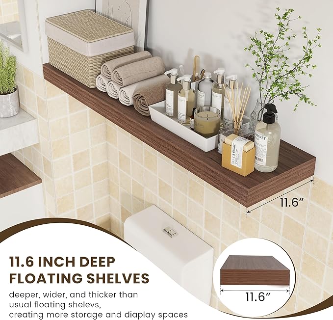 12 Inch Deep Floating Shelves, 48W x 12D Rustic Large Floating Shelves, Deep Walnut Wood Wall Shelves Set of 1 for Living Room Bathroom Laundry Room Bedroom Kitchen Home Office - Walnut