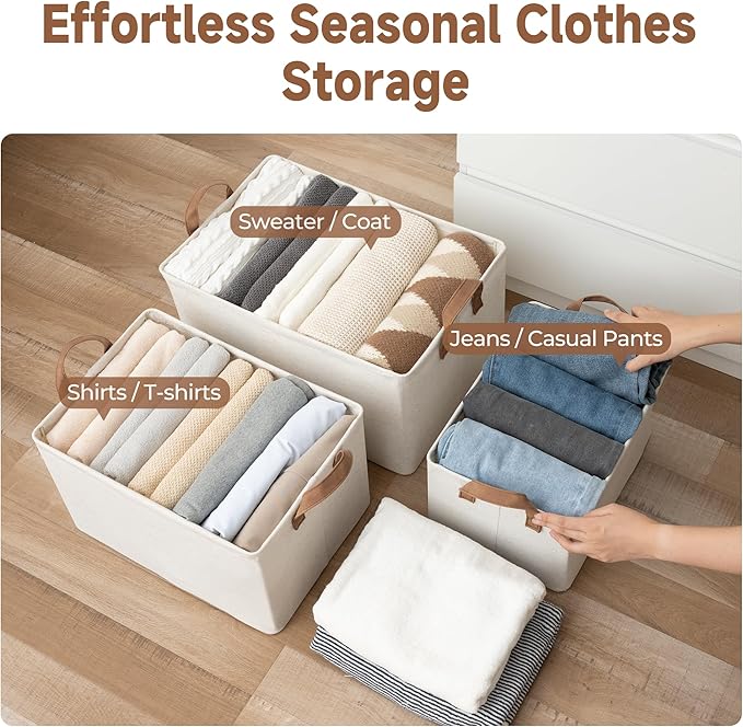 StorageWorks Storage Bins, Shelves Baskets for Organizing, Large Fabric Closet Organizers with Handles, Metal Frame, Beige(Cotton-linen), 2-Pack