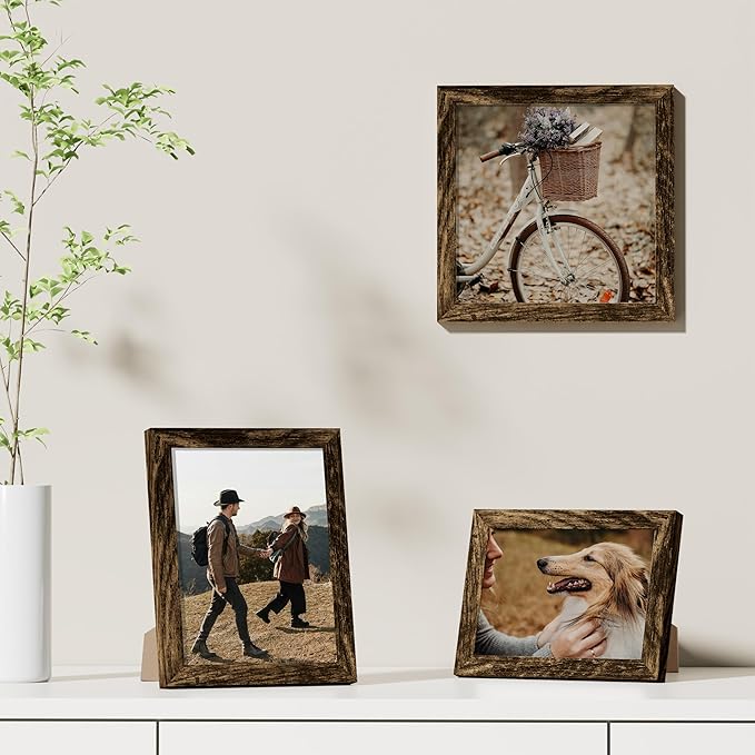 Vittanly 8x8 Picture Frames Set of 9, Shatter Resistant Plexiglass, Display 4x4 Pictures with Mat or 8x8 without Mat, Photo Frames for Wall Mount, Engineered Wood, Brown