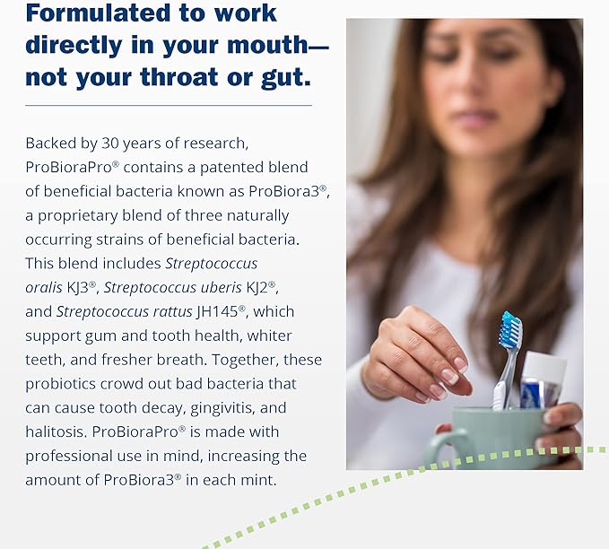 ProBiora Professional Strength Oral Probiotics for Teeth and Gums | Dental Probiotic for Oral Health | Bad Breath Treatment for Adults | Tooth Whitening | ProBiora3 Probiotic Blend | 90 Mint Tablets