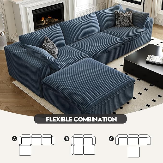 118" Cloud Couch Modular Sectional Sofa for Living Room,Modern Sofa with Deep Seat,L-Shape Boneless Couch with Ottoman,Comfy Upholstered Corduroy Couches for Apartment, Studio, Office,Bedroom,Blue