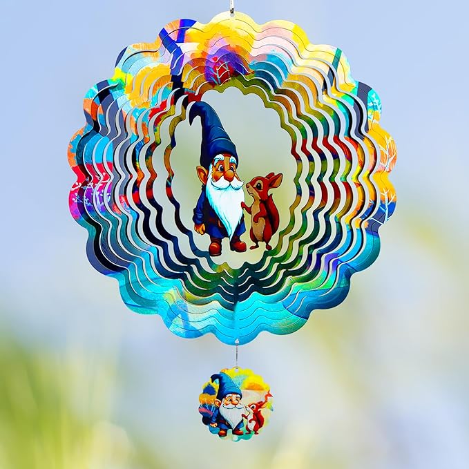 Gnomes Hanging Wind Spinners,12 Inch 3D Garden Spinner Kinetic Art Garden Decorations,Stainless Steel Reflective Wind Spinners for Yard