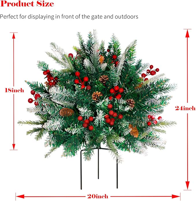 2 Pack Lighted Artificial Christmas Urn Filler, Battery Operated Pre-lit Xmas Pine Trees, Tripod Stake and 60 LED Lights, Holiday Porch Decorations for Porch, Yard, Garden, Flower Beds(Warm White)