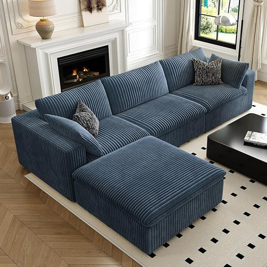 118" Cloud Couch Modular Sectional Sofa for Living Room,Modern Sofa with Deep Seat,L-Shape Boneless Couch with Ottoman,Comfy Upholstered Corduroy Couches for Apartment, Studio, Office,Bedroom,Blue