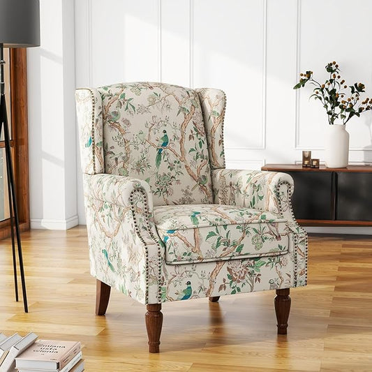 UIXE High Back Floral Accent Chair, Upholstered Armchair in Fabric for Living Room, Retro Printed Wingback Arm Chair Comfy Single Sofa Bedroom Reading Seat with Solid Wood Legs - Bird Pattern
