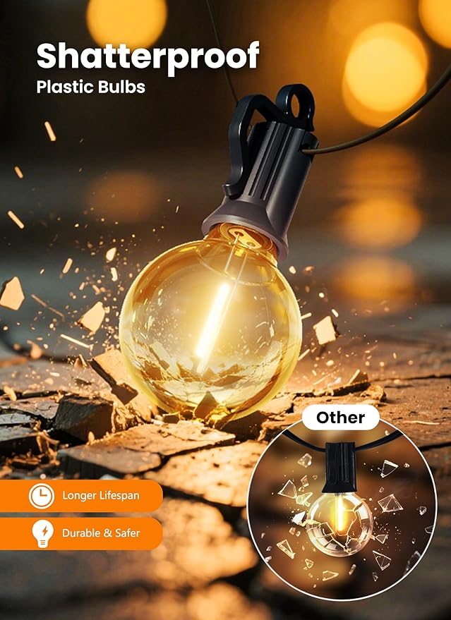 LED Outdoor String Lights, 50FT 25+2 Shatterproof Bulbs Outdoor Patio Lights, IP65 Waterproof Connectable Hanging Outside Light for Backyard, Porch, Deck, Balcony, 2200K