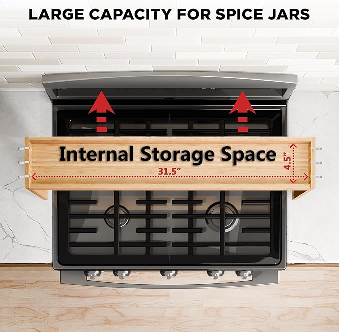 Edgecrest Bamboo Over The Stove or Sink Modern Spice Shelf, No Annoying Middle Screw, 31.5ā Wide Storage, 11.4ā High Countertop Shelf, 6 Side Hooks, Easy to Assemble, Eco-Friendly Durable Material
