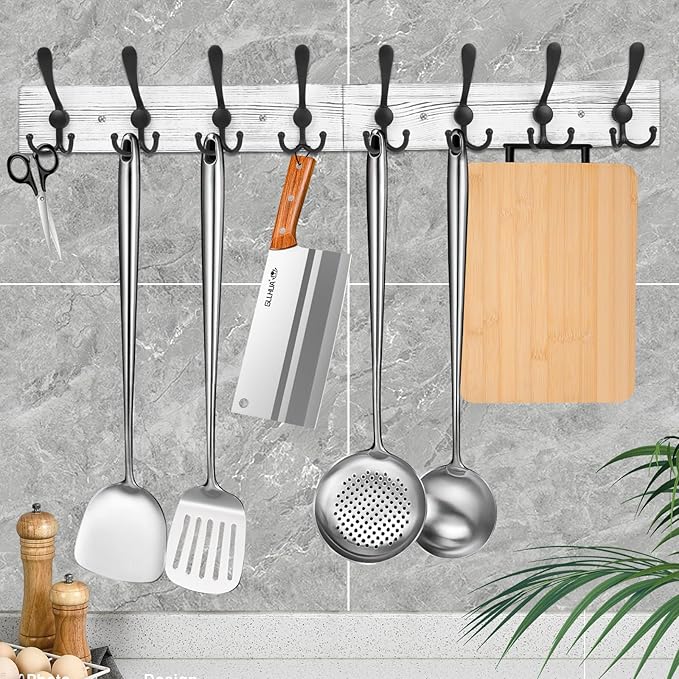 IBosins Wall Mounted Coat Rack, 31.4'' Long, Rustic Wood & Aluminum Coat Rack with 8 Black Tri-Hooks for Coat, Bag, Towel, Key, Hat, Umbrella