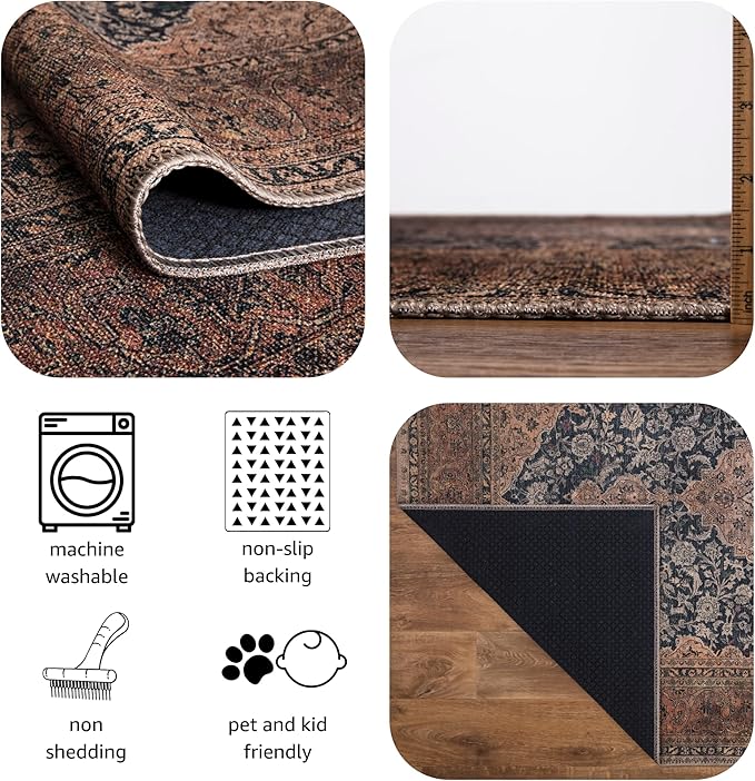 Keen Home Design 6x9 Rug - Machine Washable Area Rug with Non-Slip Backing, Ideal for Living Room, Dining Room, Bedroom - Vintage, Easy Clean, Durable, Low Pile Rug - (6' x 9')