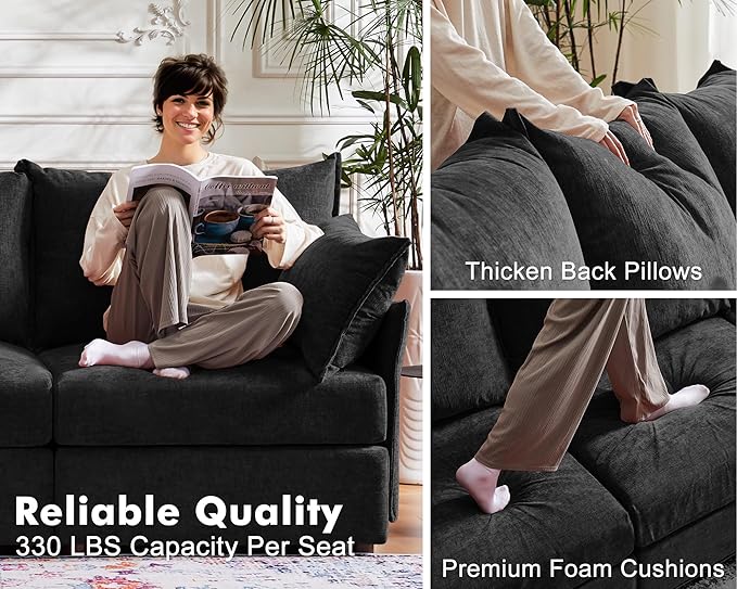 Oversized Accent Chair, Upholstered Modern Sofa Chair with Removable Backrest & Detachable Cover, 24.5" Deep Seat Large Reading Armchair for Living Room Bedroom Office - Chenille Black Set of 2