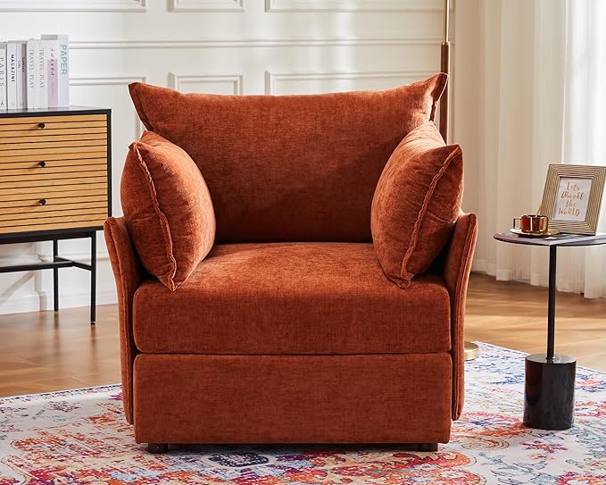Oversized Accent Chair, Upholstered Modern Sofa Chair with Removable Backrest & Detachable Cover, 24.5" Deep Seat Large Reading Armchair for Living Room Bedroom - Chenille Terracotta Set of 2