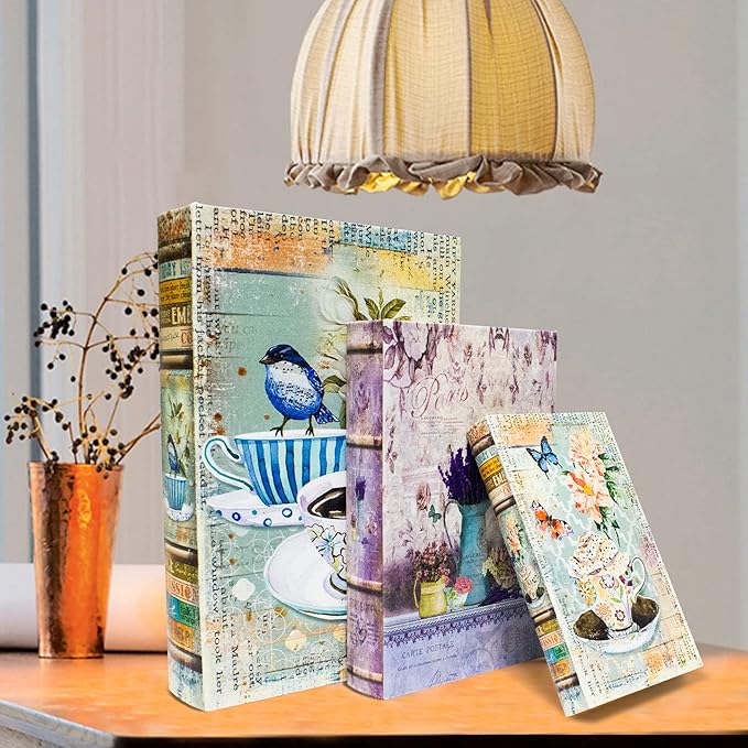 Decorative Book Box Set of 3, Trinket Keepsake Greeting Card Storage Box, Flower Bird Pattern Vintage Coffee Table Decoration, Graduation Gift Idea