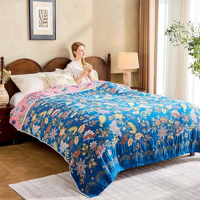 Fall Throw Blanket for Couch, Blue Boho Decorative Throw Blanket, 100% Cotton Muslin Breathable Woven Farmhouse Blankets Quilt, 60"x80" Reversible Lightweight Blankets Bohemian Throw Quilt