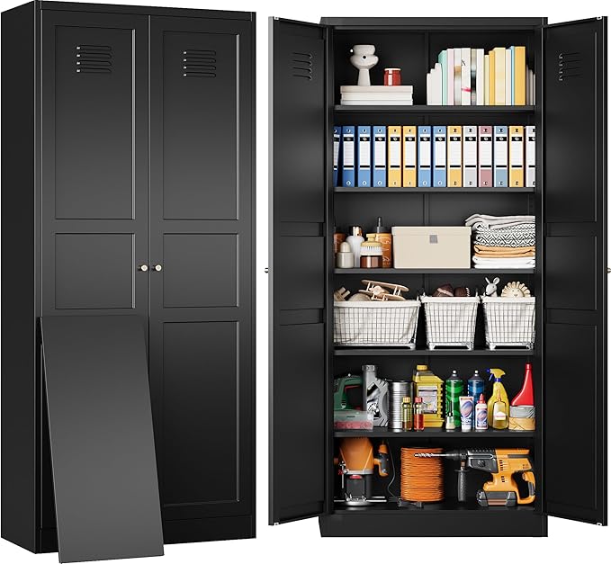 SISESOL Black Storage Cabinet,71" Tall Pantry Cabinet,Kitchen Pantry Storage Cabinets with 2 Doors and 6 Shelves,Wide Deep Metal Food Cupboard for Home,Kitchen,Dining/Living Room