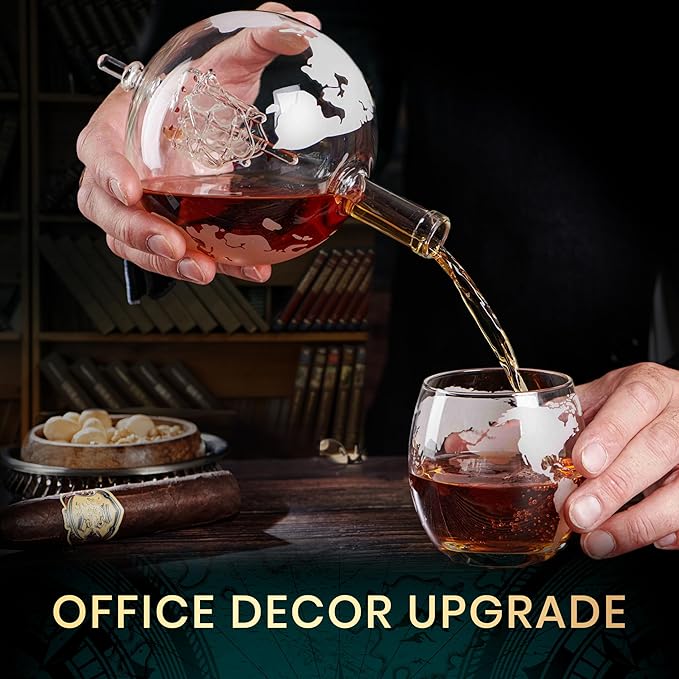 Globe Whiskey Decanter Gift Set by Royal Reserve | Etched World Map Globe Decanter 29 oz 850 ml with Glasses for Bourbon, Liquor – Whiskey Gifts for Men Dad Boyfriend Husband