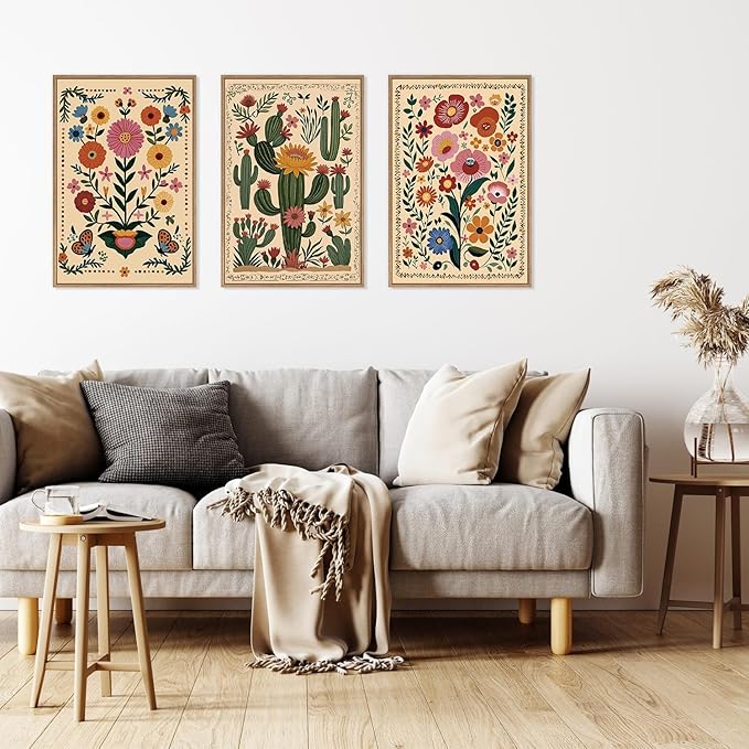 HLNIUC Vintage Flower Framed Canvas Wall Art,Colorful Desert Cactus Flower Wall Decor Set of 3(16”x24”)Boho Botanical Floral Butterfly Wall Painting,Large Desert Plant Art Print for Living Room,Office