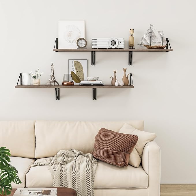 Heimlove Deep Floating Shelves for Wall, 12 Inch Deep Floating Shelves Set of 3, 16W x 12D Wood Wall Shelves, Wide Wood Shelves with Metal Bracket for Living Room, Kitchen, Office, Bedroom - Grey