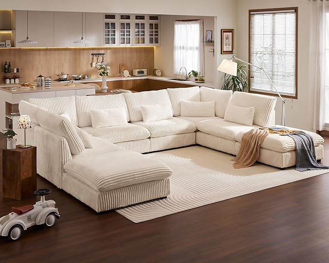 Oversized Modular Sofa, Extra Deep Cloud Corduroy Sectional Couch with Ottoman Chaise, Fluffy Chenille 8 Seater Couch Bed for Living Room, Villa (Sofa Bed 8 Seater, Corduroy White)