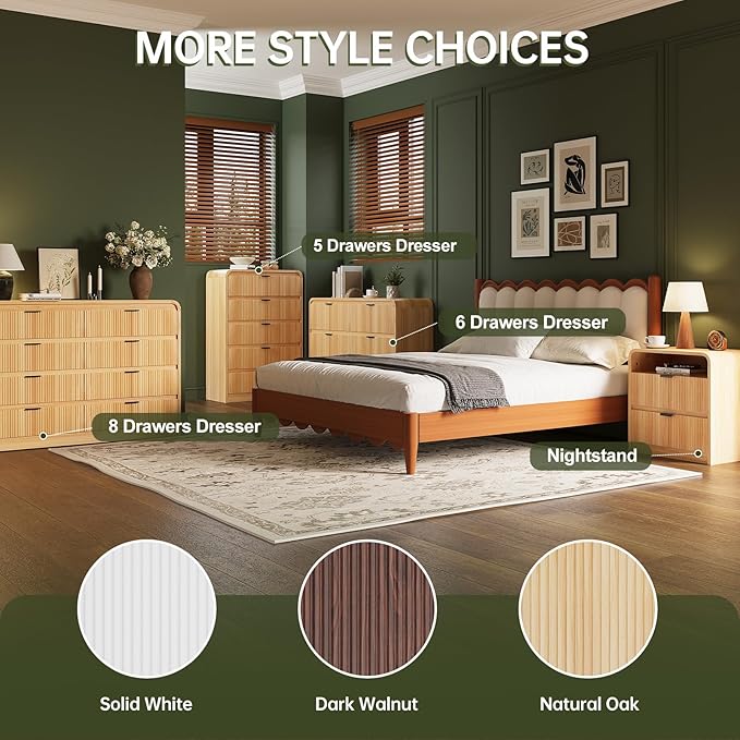 FURSUN 24" Fluted Nightstand with Charging Station, Wooden End Table with 2 Drawers Storage, Curved Profile Design, Modern Bedside Cabinet for Bedroom Living Room, Natural Oak