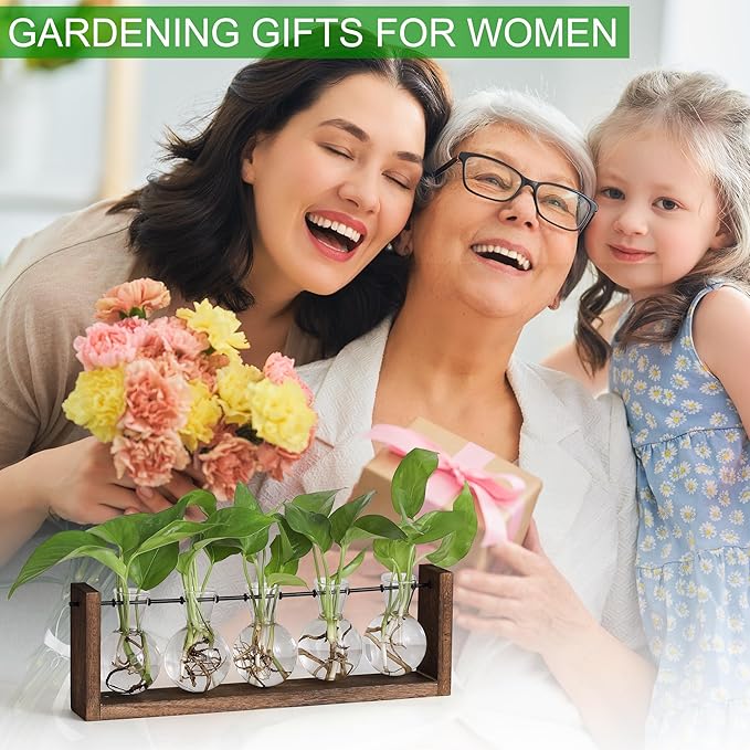 YIBOT Plants Propagation Stations,Plant Terrarium with Wooden Stand,Wall Hanging Glass Planter Plant Propagation Vase for Indoor Office Home Garden Decor Plant Lover Gifts for Women-5 Bulbs