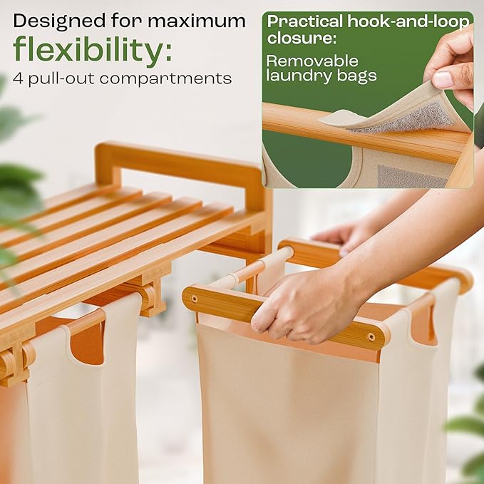 Laundry Sorter with 4 Sections beige, Hamper with Removable Cotton Bags & Wheels ā Perfect Laundry Organizer - Eco-Friendly Rolling Laundry Basket ā Durable Bamboo and Stylish Design