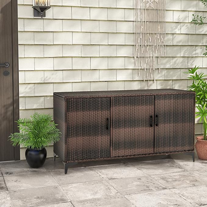RELAX4LIFE 84-Gallon Outdoor Storage Box - Wicker Rattan 3-Door Patio Storage Cabinet Container w/Removable Shelves for Cushions, Garden Tools, Pool & Sports Equipment, Indoor Outdoor Deck Box (Brown)