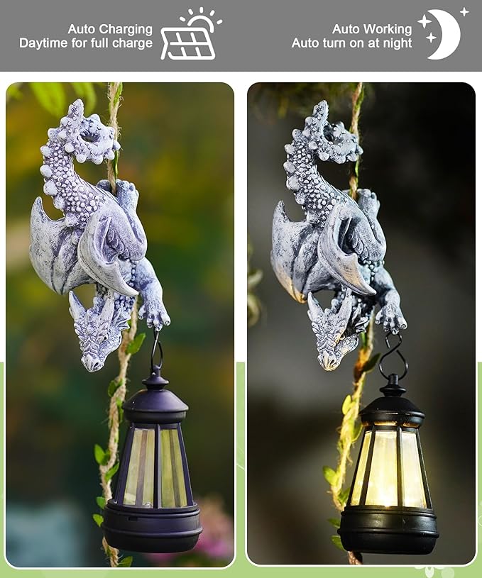 Solar Dragon Figurine Garden Statue: Outdoor Hanging Climbing Ornament with Lantern for Yard Art Lawn Balcony Patio Porch Decor- Birthday Gifts for Mom Women Father