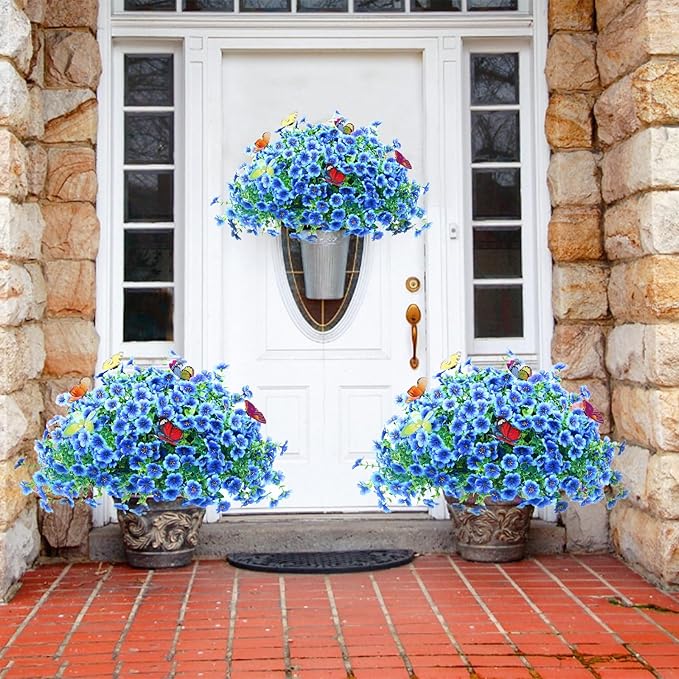 20 Bundles Artificial Flowers for Outdoors with 6 Faux Butterflies, UV Resistant Fake Flowers with Eucalyptus Leaves, Artificial Plants Outdoor for Patio Garden Porch Home Decor (Blue)