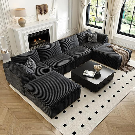 157.5" Cloud Couch Oversized Modular Sectional Sofa for Living Room,Modern Sofa with Deep Seat,U-Shape Boneless Couch with 2 Ottoman,Comfy Upholstered Couches for Apartment, Studio, Office,Black