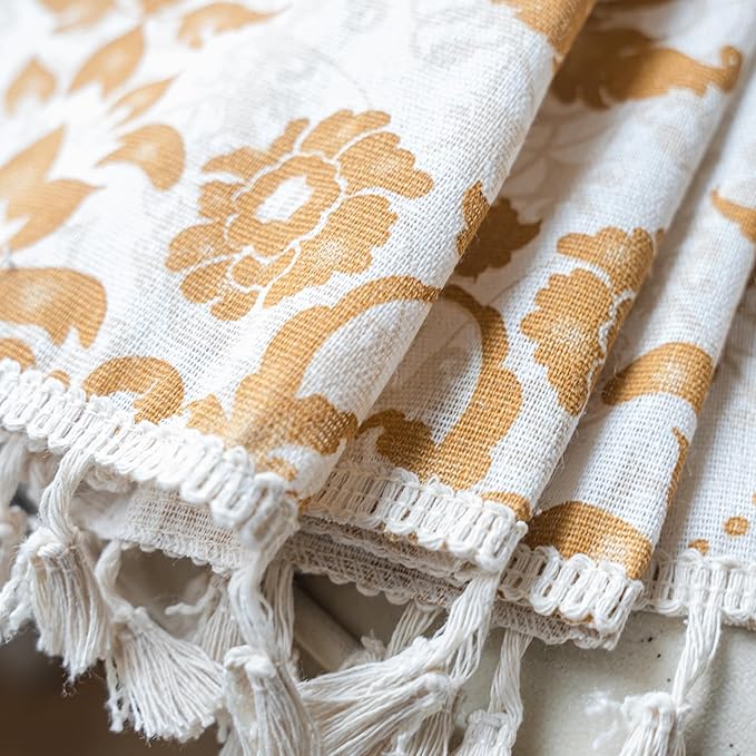 Sutuo Home Boho Curtains 63 Inches Length for Bedroom Living Room, Printed Moroccan Cotton Linen Rod Pocket Rustic Farmhouse Bohemian Tassels Window Treatment, 1 Panel 59" W x 63" L, Brown Damask