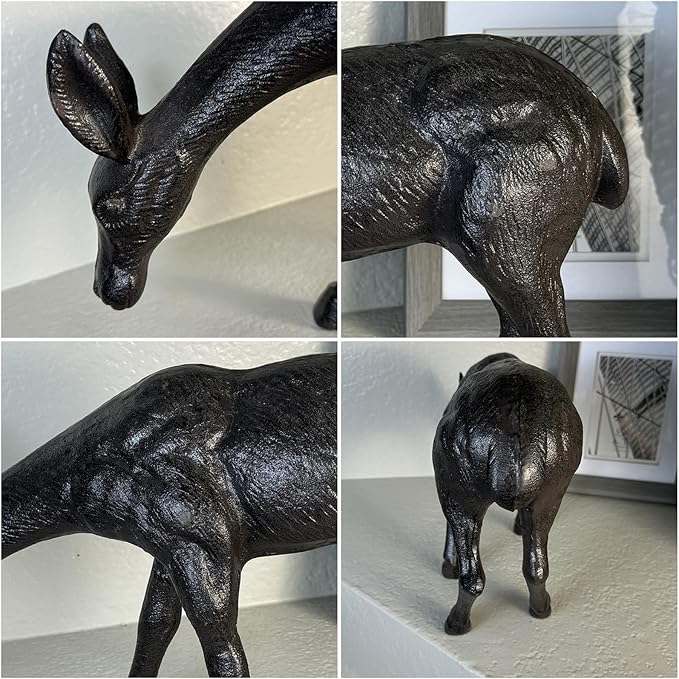 Cast Iron Deer Sculpture(11.4" Tall), Realistic Lawn Garden Decor Statue, Lifelike Grazing Deer Figure, Outdoor/Indoor Decorative Art, Metal Animal Ornament HC3672