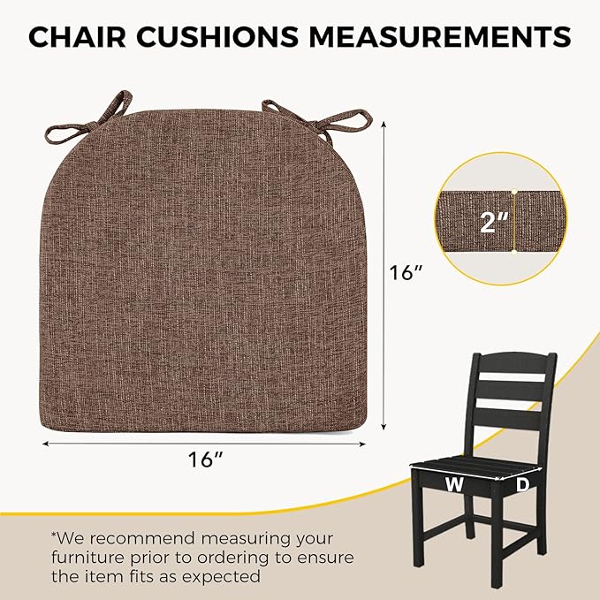 downluxe Indoor Chair Cushions for Dining Chairs, Soft and Comfortable Textured Foam Kitchen Chair Pads with Ties and Non-Slip Backing, 16" x 16" x 2", Brown, 6 Pack