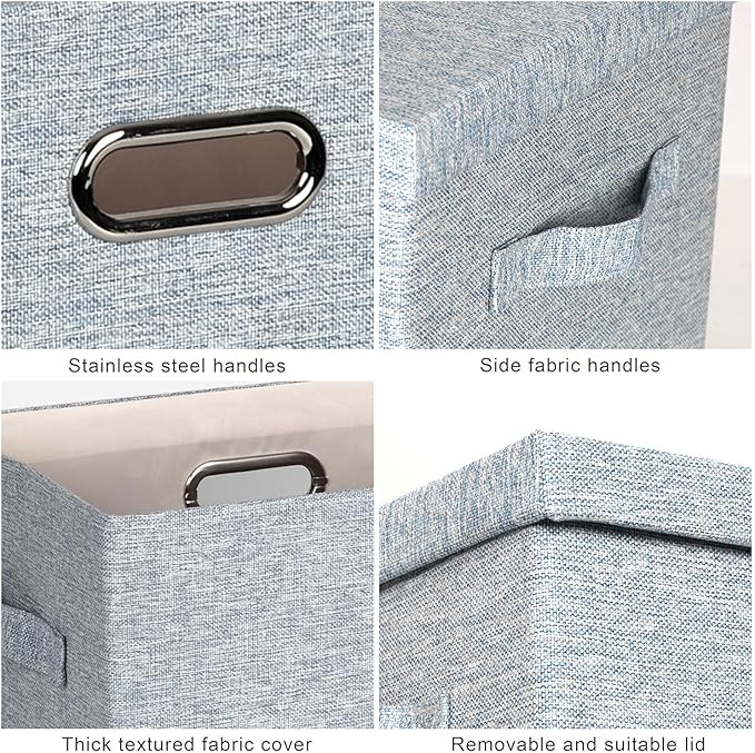Large 17" 36 Quart Collapsible Stackable Storage Bins with Lids, 3 Packs Blue-Grey Linen Fabric Closet Boxes with Lids, Storage Cube Baskets Container Organizers for Bedroom (17x12x11)