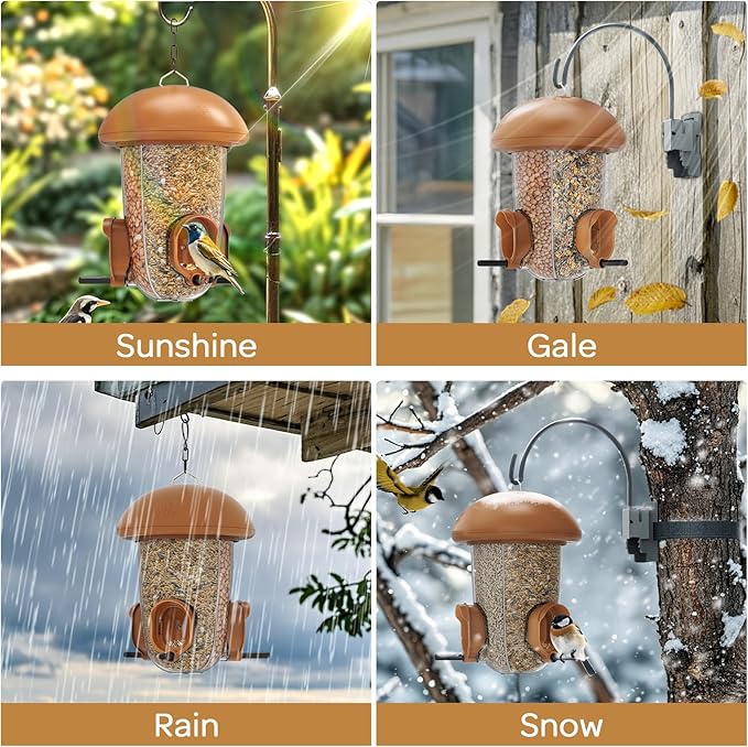 LONA Bird Feeders for Outdoors Hanging – 3 Separate Compartments, 3 Feeding Ports, Weatherproof Dome & 3 Ways to Hang, Large Capacity for Cardinals/Finches (Brown,Plus