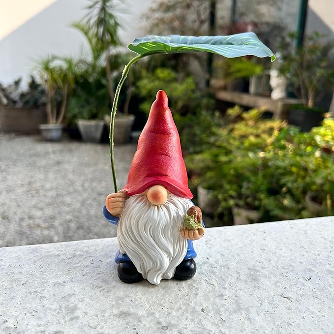 Garden Gnome Statue Decoration with Leaf Umbrella, 6.5” Figurine Ornament for Indoor Outdoor Home Patio Yard Lawn, for Gnome Lovers & Garden Enthusiasts,Mom,Women