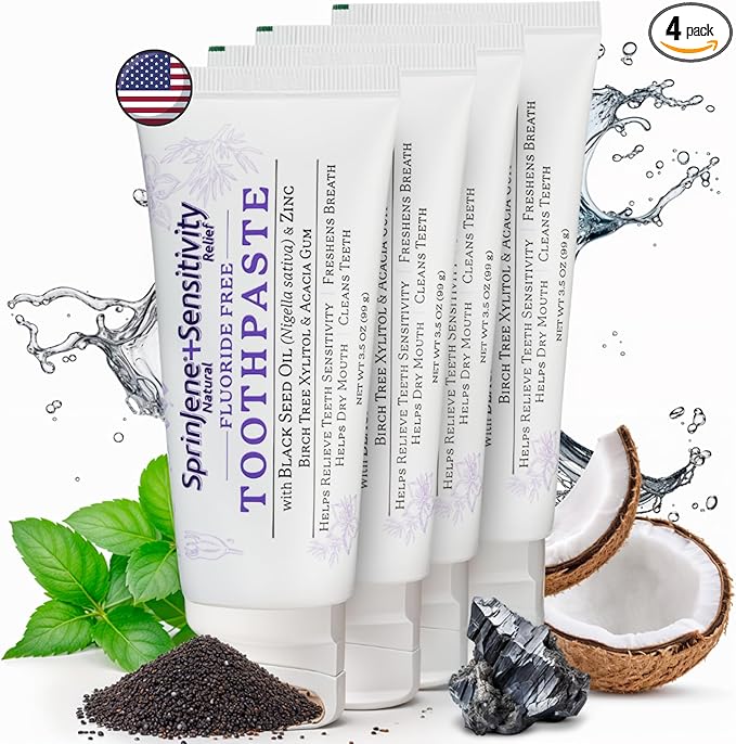 SprinJene Fluoride Free Toothpaste for Sensitive Teeth & Gum Fresh Breath Helps Dry Mouth Natural Non Fluoride Toothpaste for Adult SLS Free, Toxic Preservative Free with Black Seed Oil & Zinc 4 Pack