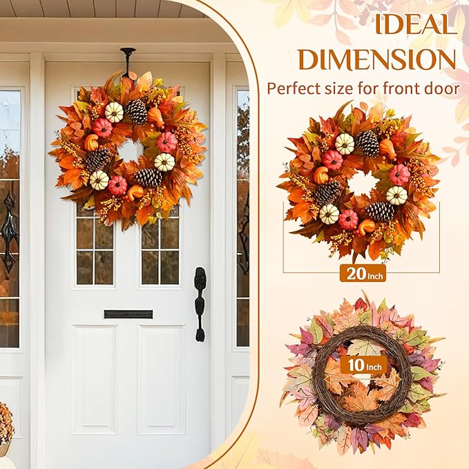 Fall Decor - Fall Wreaths for Front Door Outside, 2 Pack 20 Inch Fall Door Wreath, Handcrafted Autumn Wreath with Colorful Pumpkins Maple Leaves, Fall Decorations for Home Door Wall Thanksgiving Decor