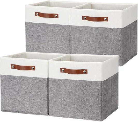 HNZIGE Fabric Storage Cubes 12x12 Cube Storage Bins, Set of 4, Decorative Cube Organizers Bins for Shelves with Handles,Foldable Bins for Cube Organizer Home Toy Nursery Closet(White Gray)
