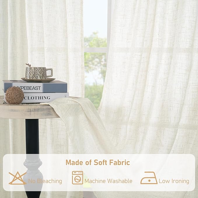 LAMIT Linen Semi Sheer Curtains 63 Inch Length, Light Filtering Neutral Window Bedroom Curtains Farmhouse Boho Bronze Grommet Drapes for Kitchen/Living Room, Cream, 2 Panels, 34 x 63 Inch