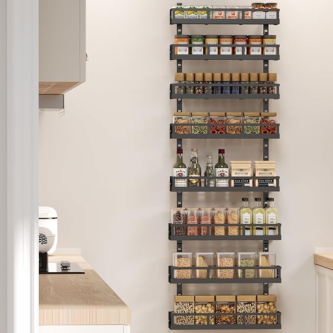 X-cosrack 8-Tier Adjustable Spice Rack ā Wall-Mounted Space-Saving Organizer with Mixed Baskets, Large-Capacity Seasoning Holder for Kitchen & Pantry (Black)
